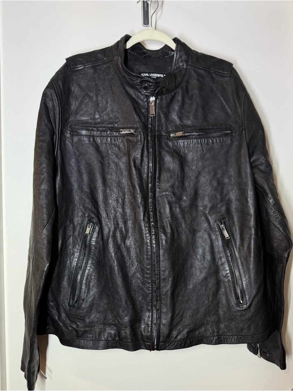 Karl Lagerfeld Black Leather Bomber Jacket with Silver Zippers